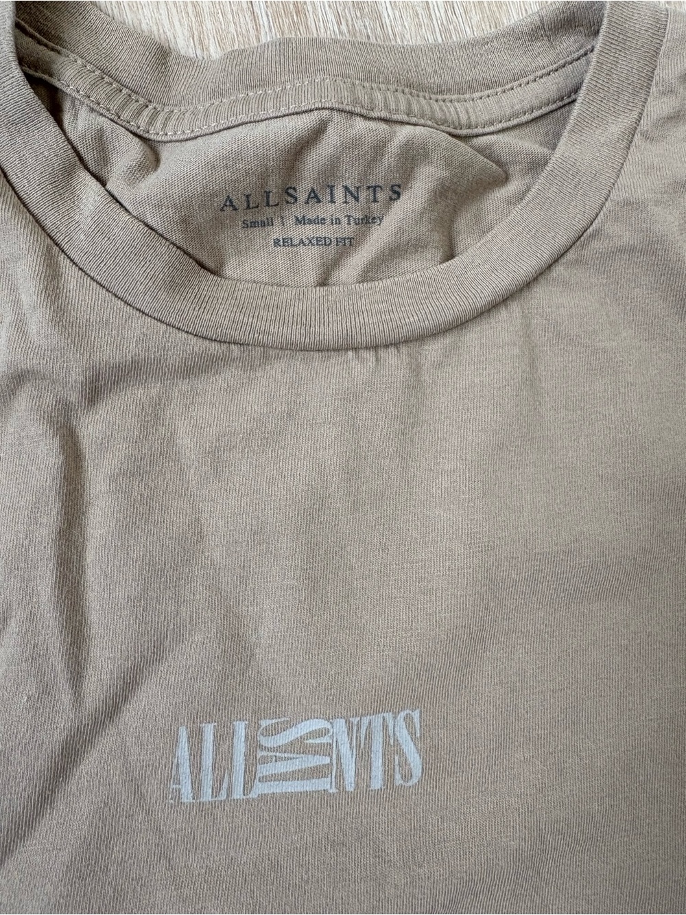 All Saints Men’s Short Sleeve Crewneck Tee in Taupe with White Logo
